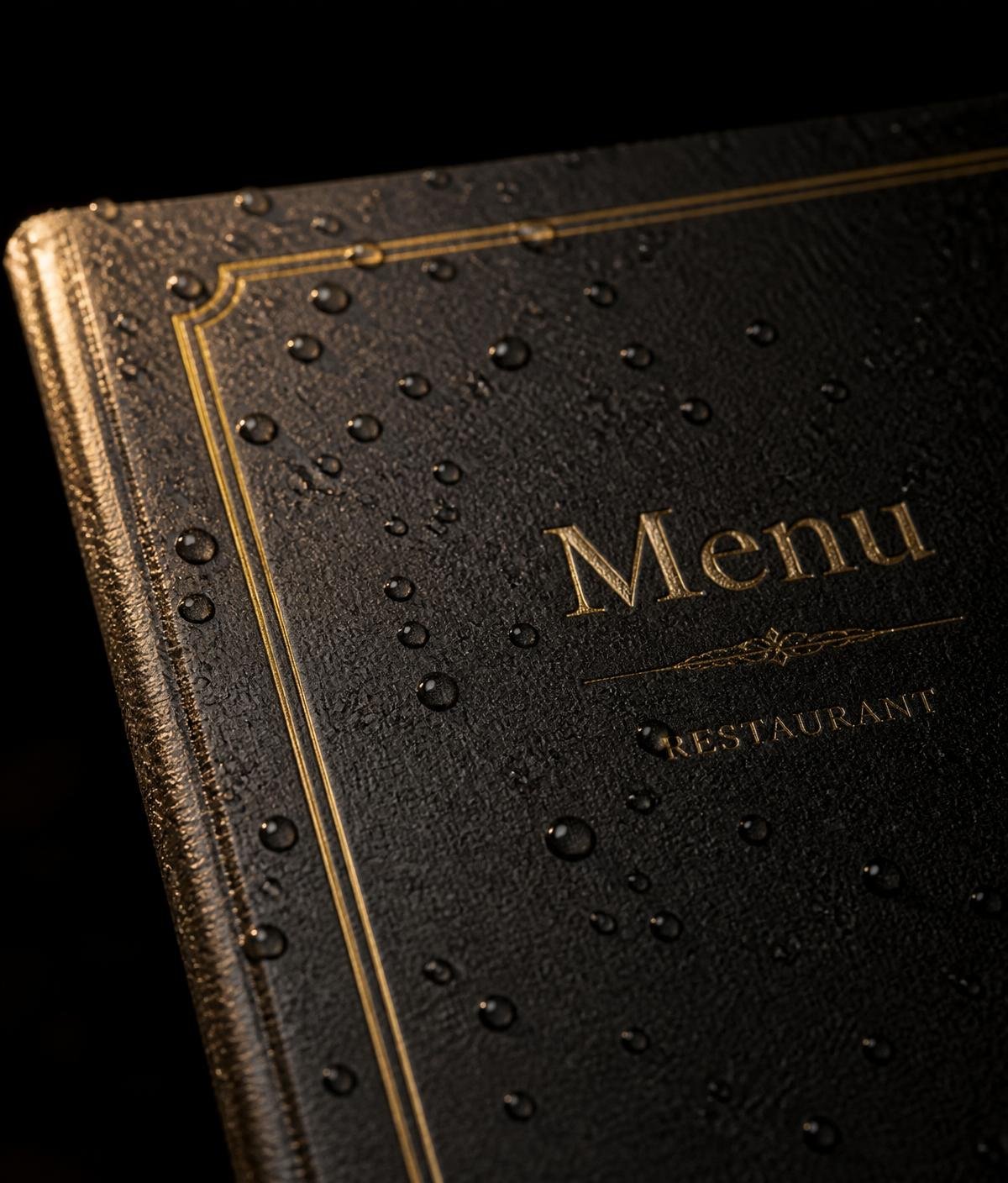 Close-up of a waterproof menu cover with water droplets and gold border