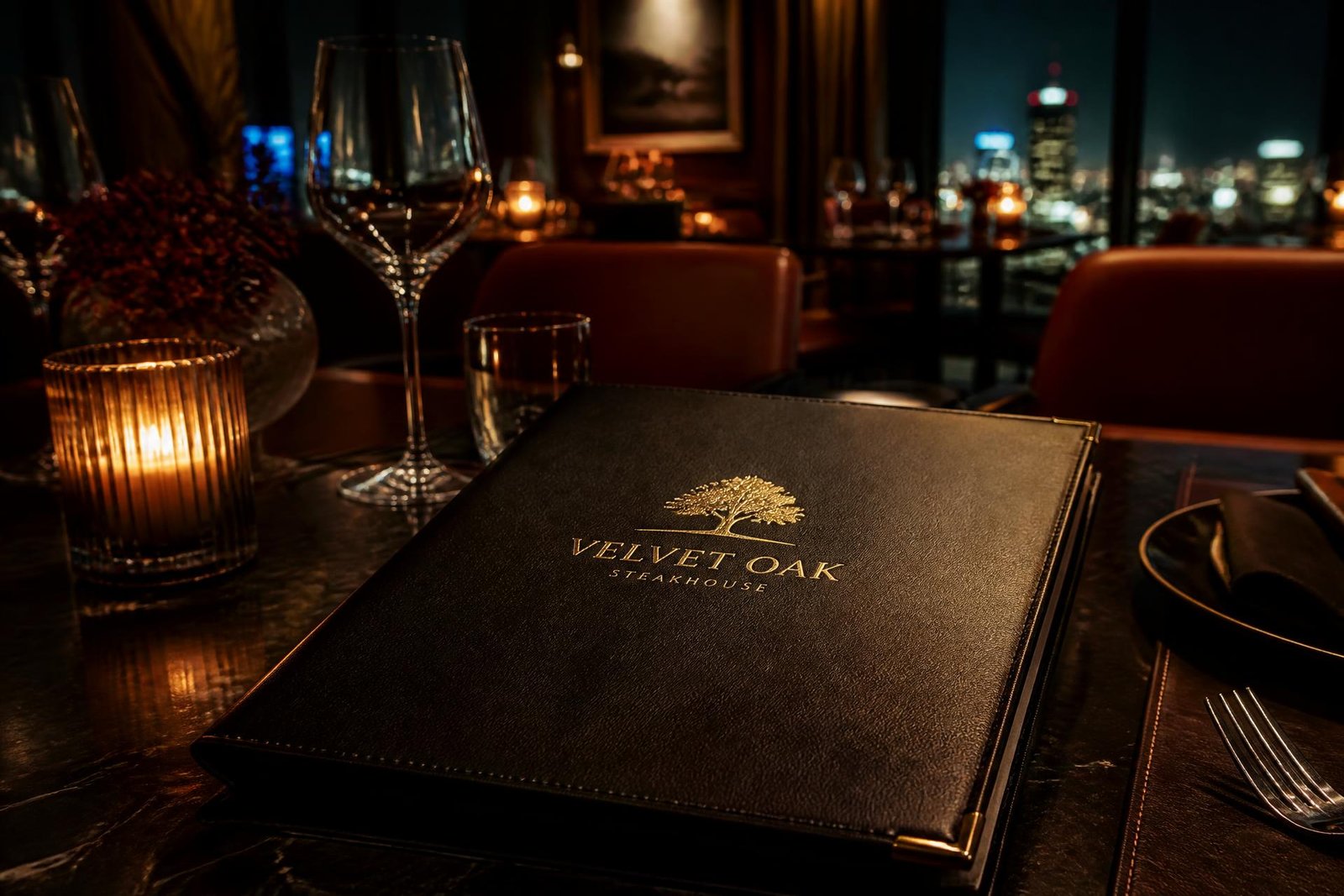 Premium leather menu cover with gold foil logo on a candlelit fine dining table