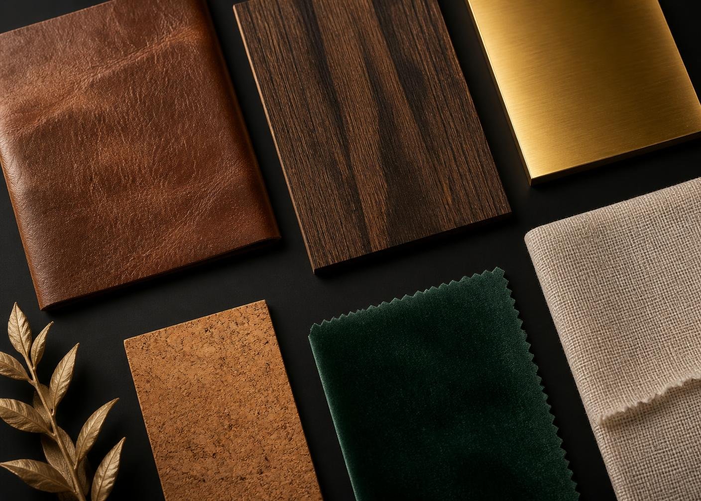 Premium material swatches including leather, wood, metal, linen, cork and velvet